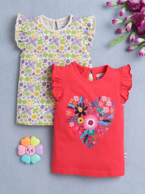 BUMZEE Red & Beige Girls Sleeveless T-Shirt Pack Of 2