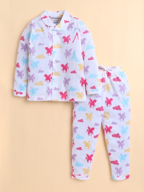 BUMZEE White Girls Full Sleeves Cotton Night Suit