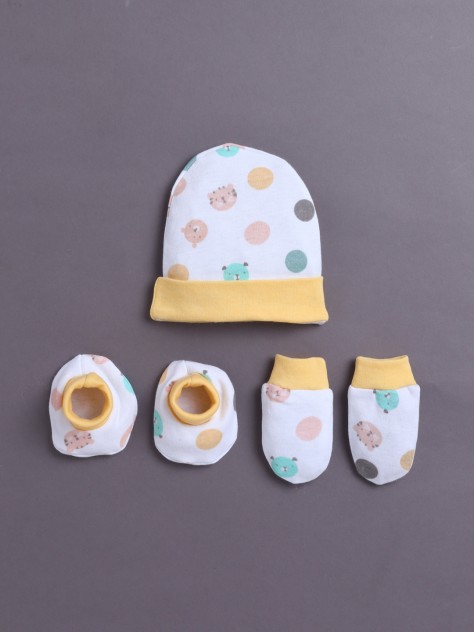 BUMZEE White & Yellow Boys Cotton Cap Mitten Bootie Set
