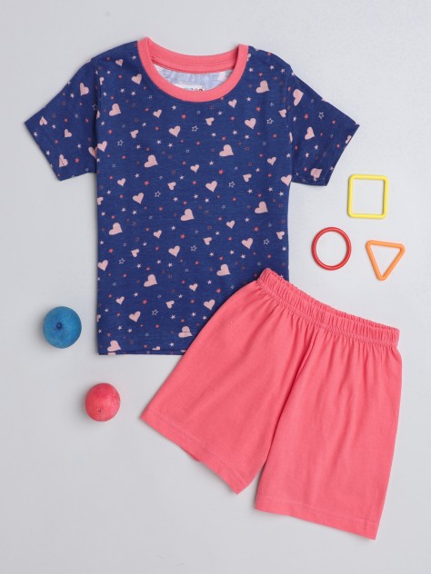 BUMZEE Navy & Coral Girls Half Sleeves T-Shirt & Short Set