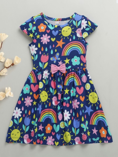 BUMZEE Navy Girls Cap Sleeves Cotton Knee Length Frock