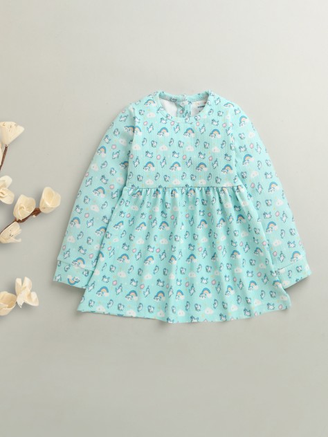 BUMZEE Aqua Blue Girls Full Sleeves Poly Blend Frock Dress