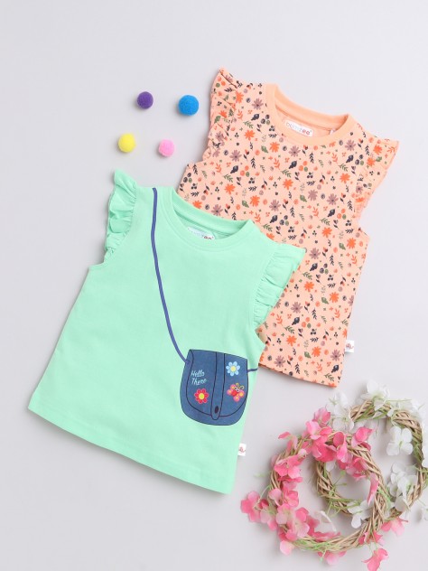 BUMZEE Green & Peach Girls Sleeveless T-Shirts Pack Of 2
