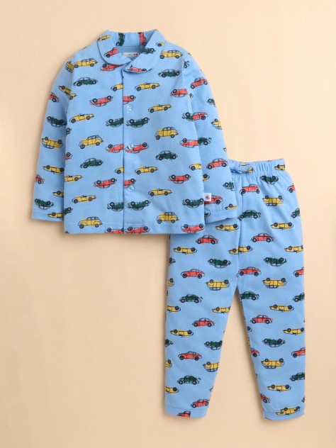 BUMZEE Sky Blue Boys Full Sleeves Cotton Night Suit