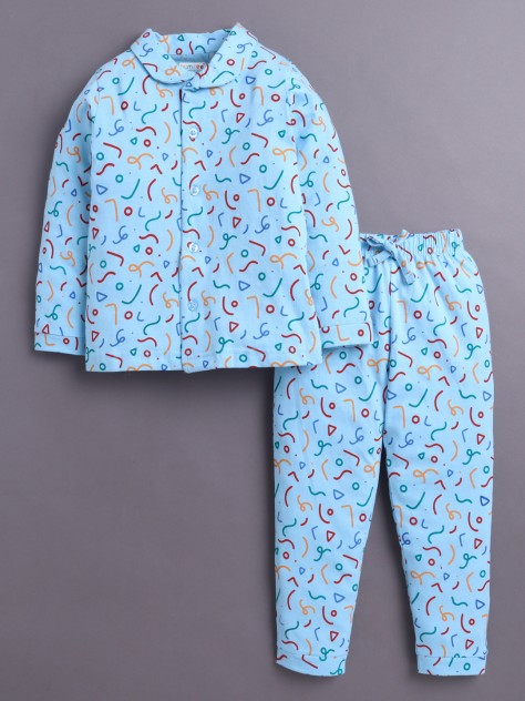 BUMZEE Blue Girls Full Sleeves Cotton Night Suit