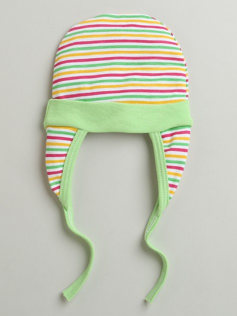 BUMZEE Green & White Baby Girls Ear Flap Tying Cap Pack Of 2