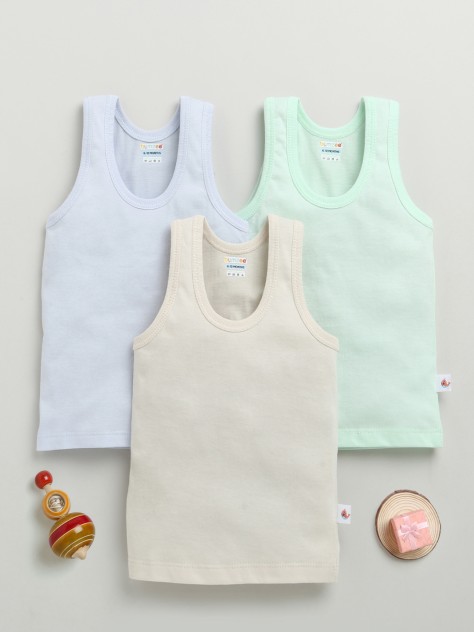 BUMZEE Boys Sleeveless Vest Beige & Sky Blue Pack of 3