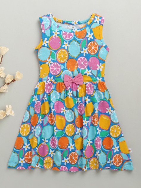 BUMZEE Blue Girls Sleeveless Cotton Knee Length Frock