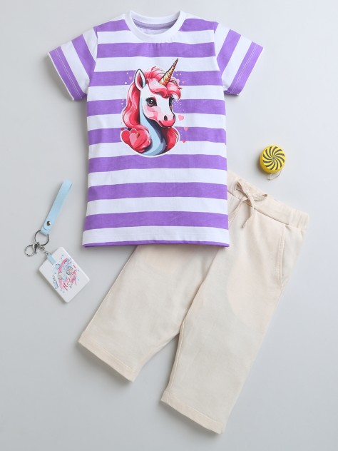 BUMZEE Beige & Purple Girls Cap Sleeves T-Shirt & Capri Set