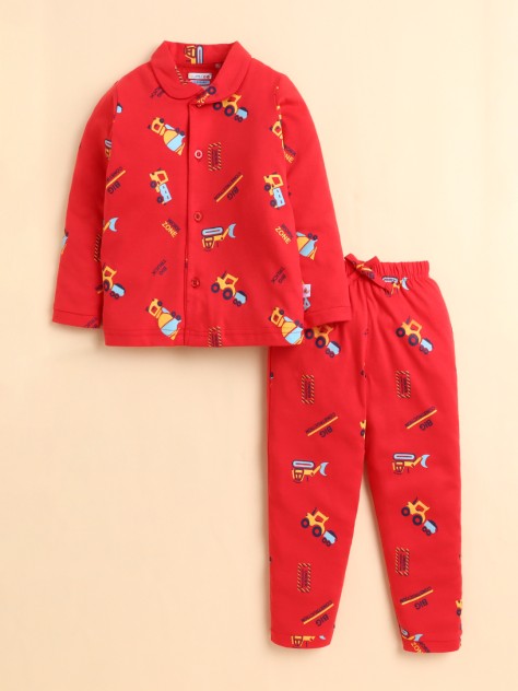 BUMZEE Red Boys Full Sleeves Cotton Night Suit