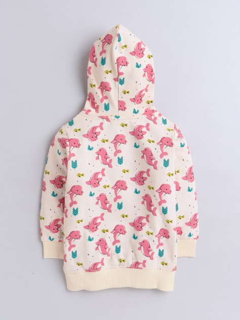 BUMZEE Cream Girls  Full Sleeves Cotton Hooded Zipper Sweatshirt