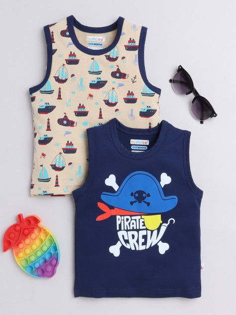 BUMZEE Beige & Navy Boys Sleeveless T-Shirts Pack Of 2