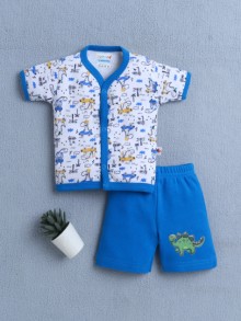 BUMZEE Blue & White Baby Boys Half Sleeves Jabla & Short Set