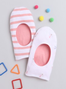 BUMZEE Peach & White Girls Cotton Reversible Monkey Cap Pack Of 2