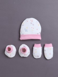 BUMZEE White & Baby Pink Girls Cotton Cap Mitten Bootie Set