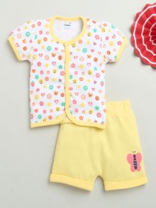 BUMZEE White & Yellow Baby Girls Half Sleeves Jabla & Short Set