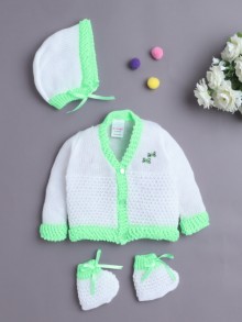 BUMZEE White & Green Baby Girls Full Sleeves Acrylic Blend Sweater With Cap & Socks