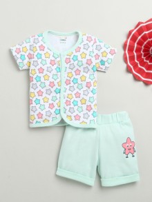 BUMZEE White & Mint Green Baby Boys Half Sleeves Jabla & Short Set