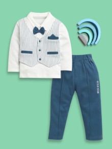 BUMZEE Teal Blue & White Boys Full Sleeves Cotton Formal Set With Attached Waistcoat