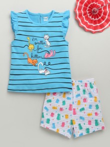 BUMZEE Blue & White Girls Cap Sleeves T-Shirt & Short Set