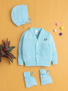 BUMZEE Aqua Blue Baby Boys Full Sleeves Acrylic Blend Sweater With Cap & Socks