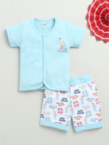 BUMZEE Sky Blue & White Baby Boys Half Sleeves Jabla & Short Set