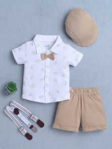 BUMZEE White & Beige Boys Half Sleeves Shirt & Short Set With Bow Suspender & Cap
