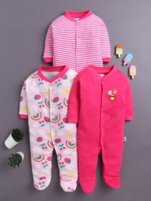 BUMZEE Pink & Baby Pink Baby Girls Full Sleeves Sleepsuit Pack Of 3