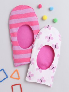 BUMZEE Pink & White Girls Cotton Reversible Monkey Cap Pack Of 2