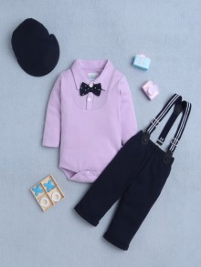 BUMZEE Lavender & Navy Boys Full Sleeves Bodysuit Pant Set With Suspender & Cap