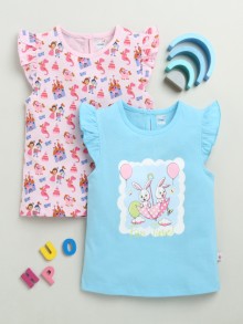 BUMZEE Sky Blue & Pink Girls Cap Sleeves Cotton T-Shirts Pack Of 2