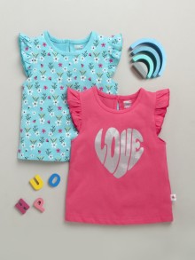 BUMZEE Blue & Pink Girls Cap Sleeves Cotton T-Shirts Pack Of 2