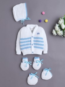 BUMZEE White & Sky Blue Baby Boys Full Sleeves Acrylic Blend Sweater With Cap Socks & Mittens