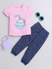 BUMZEE Navy & Pink Girls Half Sleeves T-Shirt & Pyjama Set