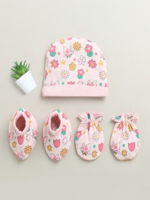 BUMZEE Peach Girls Cotton Cap Mitten Bootie Set