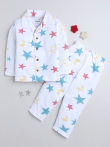 BUMZEE White Boys Full Sleeves Cotton Night Suit