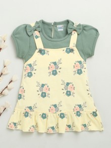 BUMZEE Yellow & Green Girls Half Sleeves Cotton Knee Length Frock
