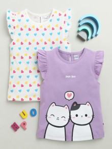 BUMZEE White & Lavender Girls Cap Sleeves Cotton T-Shirts Pack Of 2