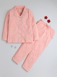 BUMZEE Peach Girls Full Sleeves Cotton Night Suit