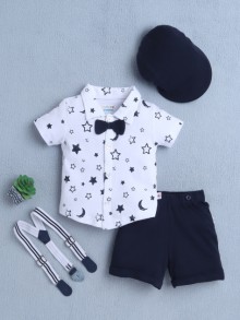 BUMZEE White & Navy Boys Half Sleeves Shirt & Short Set With Bow Suspender & Cap