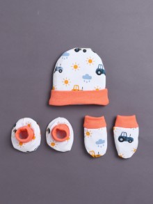 BUMZEE White & Orange Boys Cotton Cap Mitten Bootie Set