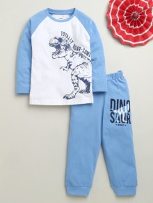 BUMZEE White & Blue Boys Full Sleeves Cotton T-Shirt & Pyjama Set