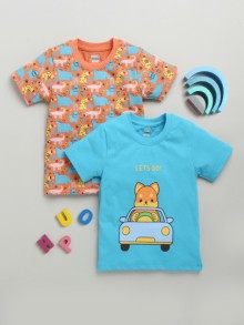 BUMZEE Blue & Orange Boys Half Sleeves Cotton T-Shirts Pack Of 2