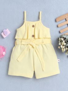 BUMZEE Yellow Girls Sleeveless Cotton Jumpsuit With Belt