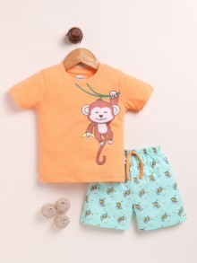 BUMZEE Orange & Mint Green Boys Half Sleeves T-Shirt & Short Set