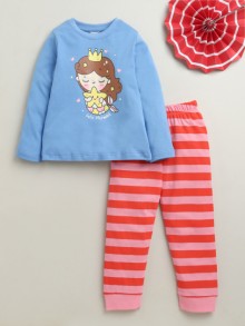BUMZEE Blue & Pink Girls Full Sleeves Cotton T-Shirt & Pyjama Set