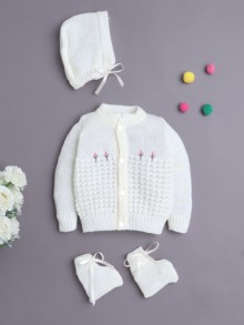 BUMZEE Yellow Baby Girls Full Sleeves Acrylic Blend Sweater With Cap & Socks