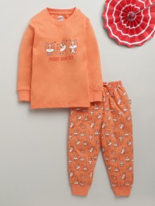 BUMZEE Orange Boys Full Sleeves Cotton T-Shirt & Pyjama Set