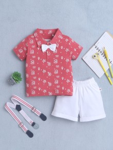 BUMZEE Red & White Boys Half Sleeves T-shirt & Short Set With Bow Suspender