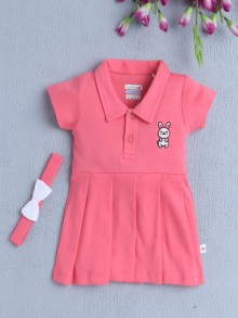 BUMZEE Coral Girls Half Sleeves Cotton Frock With Headband